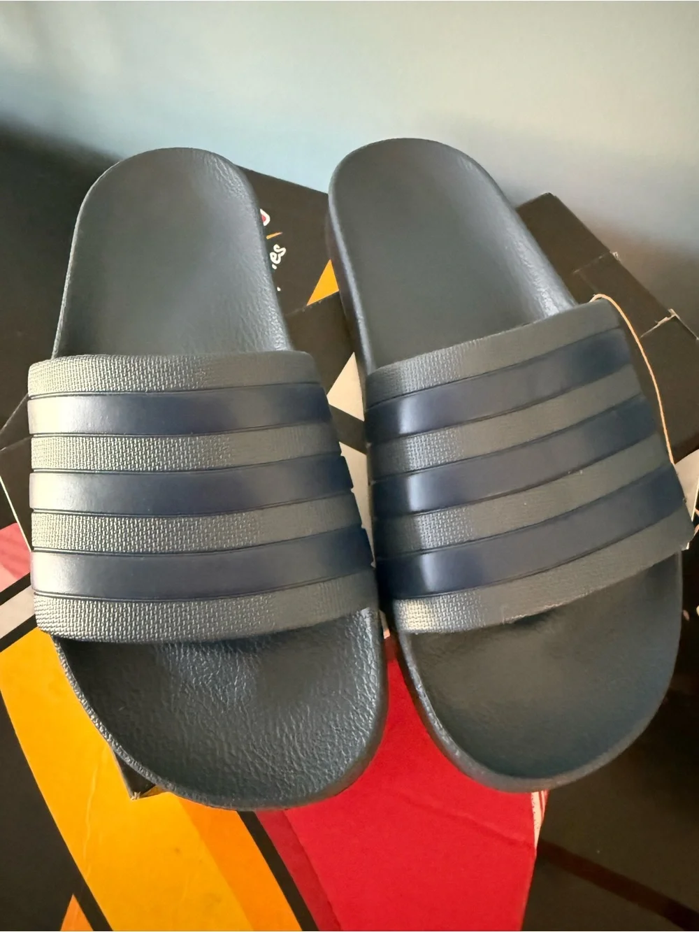 adidas Navy Slide Sandals with Striped Strap